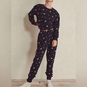 Maia Bergman Black Floral Embroidered‎ Cotton Sweatshirt Jogger Set Small
